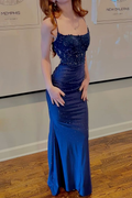 Vestido de noche de sirena con tirantes finos, apliques y abertura, estilo sirena, color azul sexy, modelo Y7827