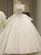 Robe de mariée épaules dénudées, robe de princesse à longue traîne, robe de mariée blanche dos nu Y6868