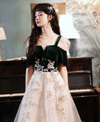 Vestido largo de fiesta verde de corte A con encaje y tul, vestido de noche formal verde Y1928