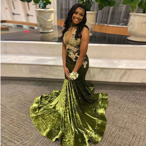 Vestido de graduación africano para chica negra, apliques de terciopelo, escote en V profundo, sexy, estilo sirena, ideal para fiestas y eventos de graduación (modelo Y6345)