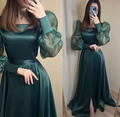 Robe de soirée sobre en satin vert foncé, manches longues bouffantes, en organza, col carré, robe de bal formelle Y4872