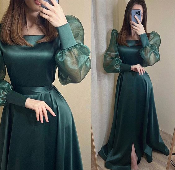 Robe de soirée sobre en satin vert foncé, manches longues bouffantes, en organza, col carré, robe de bal formelle Y4872