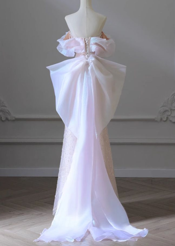 Vestido largo de fiesta rosa de corte A con hombros descubiertos, tul, lentejuelas y cuentas, modelo Y8050