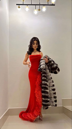 Robe de bal rouge sirène sexy à bretelles et plumes, robe de soirée longue Y7901