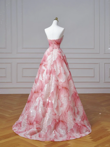 Robe de bal bustier rose de rêve en satin imprimé à sequins, robe de princesse pour anniversaire Y8604