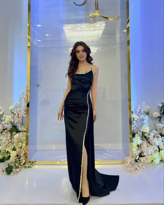 Elegante vestido de noche negro de corte recto, vestido de recepción negro Y6400