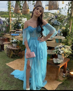 Robe de bal longue bleue à épaules dénudées, charmante robe de soirée bleue Y2395