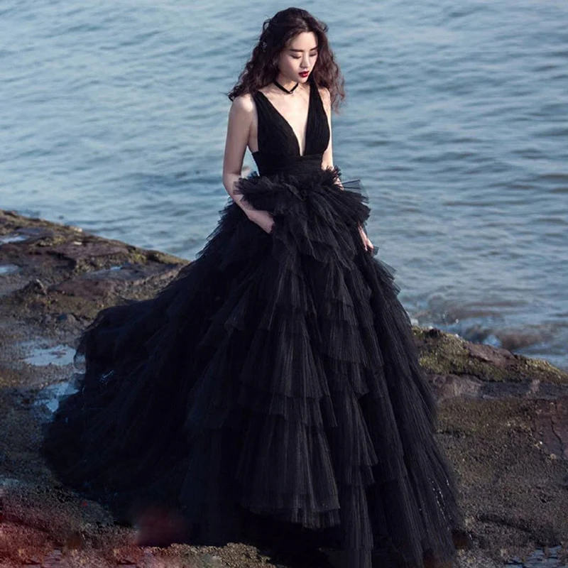 Robe de mariée gothique dos nu époustouflante avec jupe de bal à volants en tulle Y76