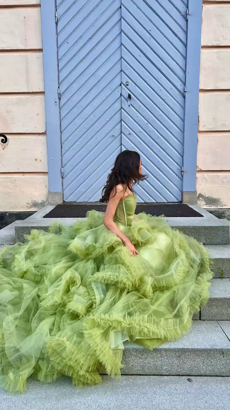 Vestidos largos de tul verde para baile de graduación, vestidos de noche formales de corte A Y2029