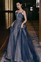 Vestido de fiesta largo de tul brillante corte A, vestido de noche azul Y105