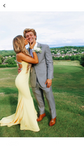 Robe de bal sirène jaune clair élégante avec traîne, robe de soirée jaune clair Y5319