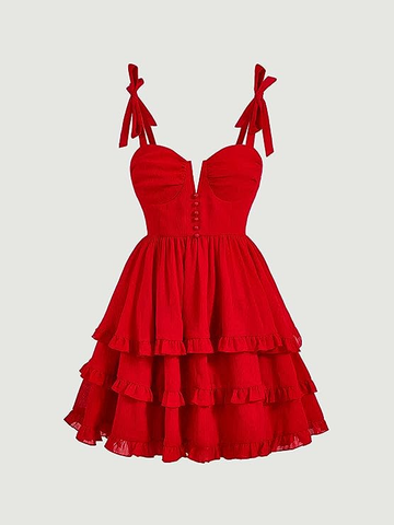 Red A-line Tie Shoulder Ruffle Hem Homecoming Dress Y2720