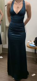 Vestido largo de noche formal para mujer, color verde azulado, con tirantes en la espalda, de satén, sin mangas, modelo Y2928