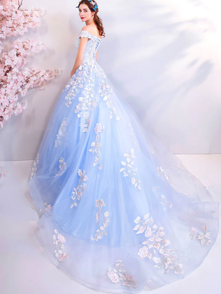 Vestido de quinceañera azul con hombros descubiertos, vestido de baile azul Y52