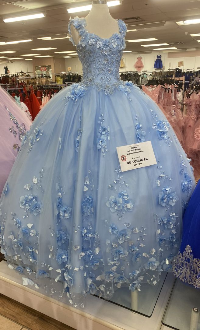 Vestido de baile de tul azul con flores 3D, vestido azul para quinceañera, vestido de princesa azul Y2340