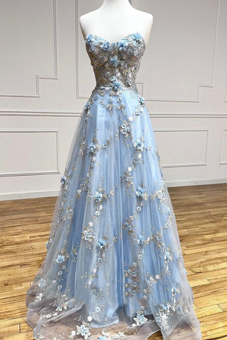 Blue Tulle Appliques Long Prom Dress A-Line Strapless Evening Dress Y6565