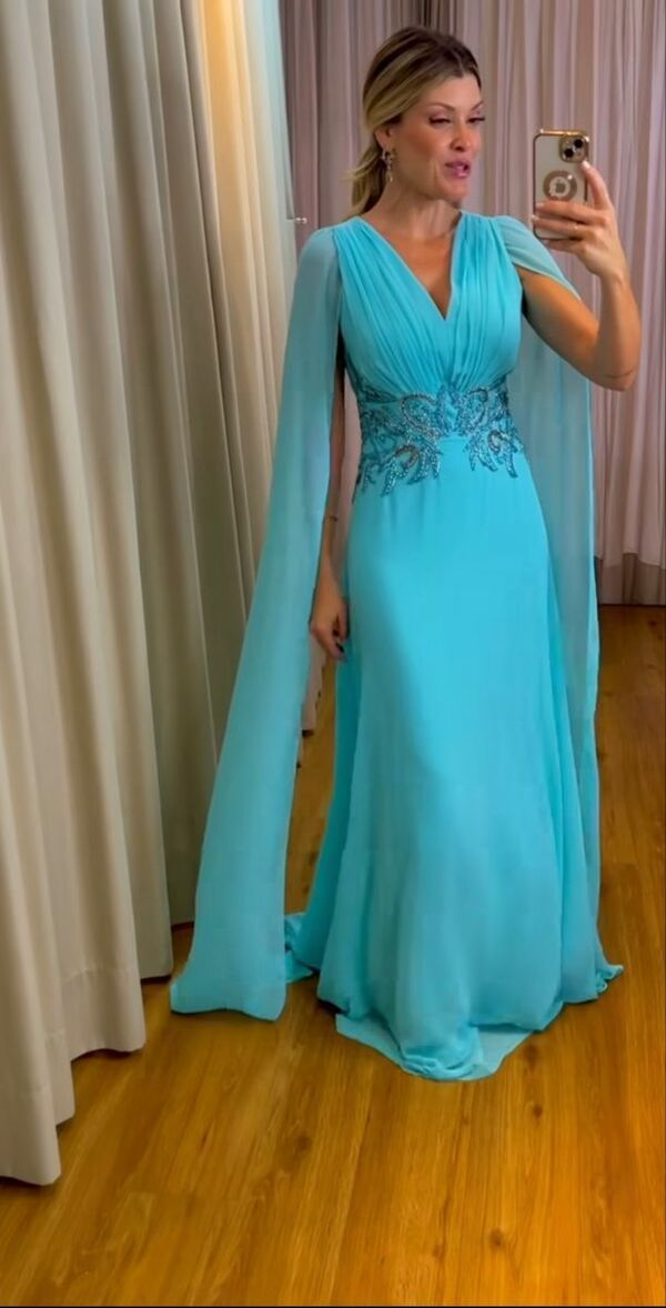 Vestido de noche de gasa azul celeste para la madre de la novia y el novio Y6266
