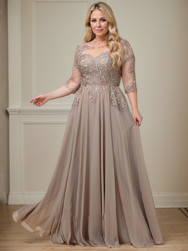 Robe de mère de la mariée en mousseline de dentelle, coupe trapèze, décolleté illusion, longueur au sol, ornée de sequins 