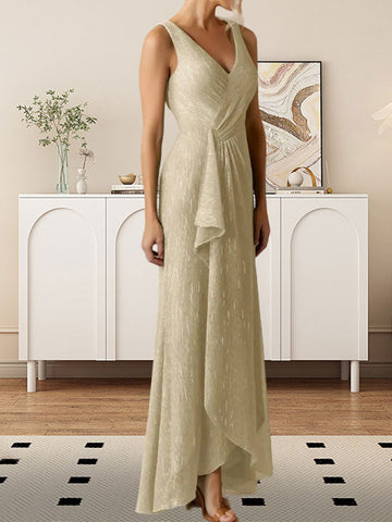 A-Line V-Neck Ruched Metallic Mesh Dress