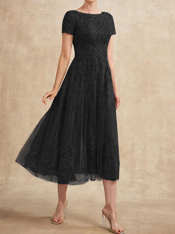 A-line Scoop Tea-Length Tulle Lace Mother of the Bride Dress