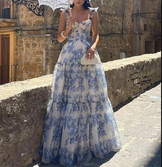 Vestido largo de fiesta azul con estampado floral corte en A, vestido de noche azul Y2560