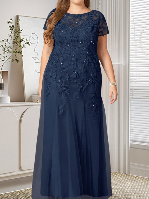 Robe sirène bleu marine foncé à sequins et tulle, décolleté rond, robe en tulle bleu marine foncé