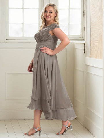 A-line Boat Neck Illusion Asymmetrical Chiffon Lace Mother of the Bride Dress With Applique Pleats