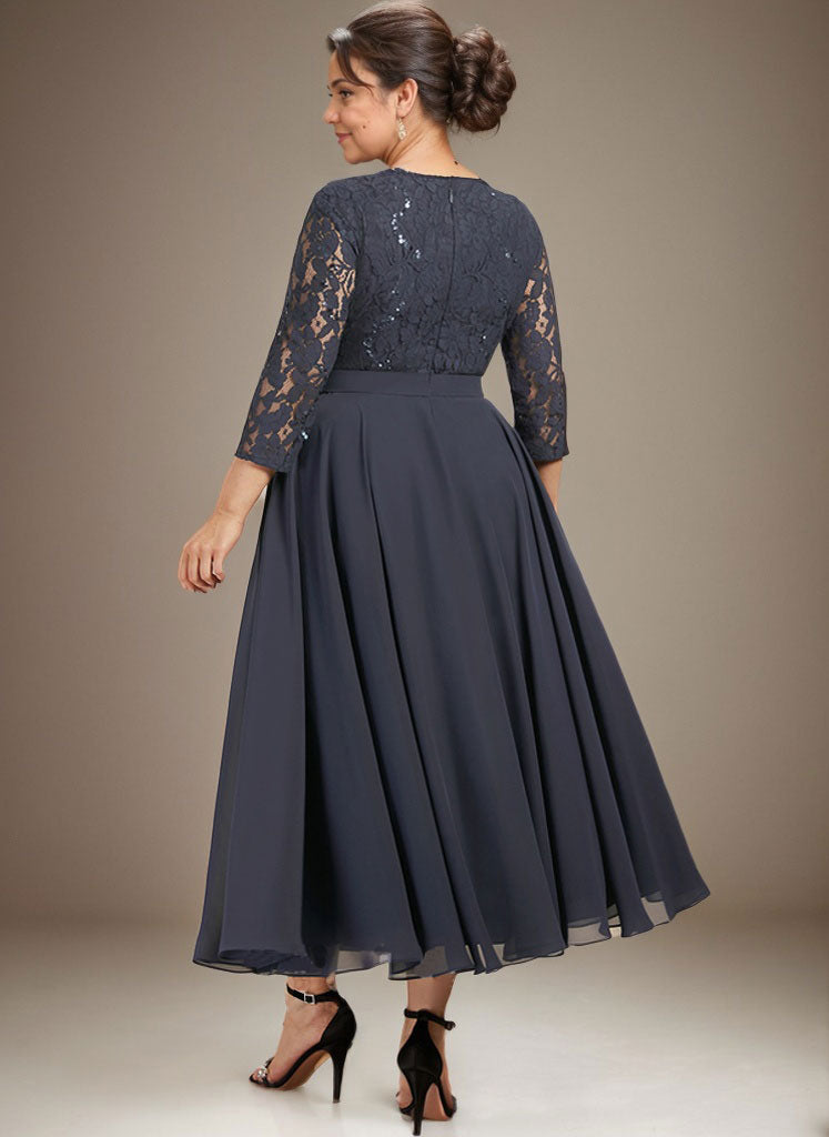 Robe de mère de la mariée en mousseline de soie, coupe trapèze, longueur thé, ornée de sequins