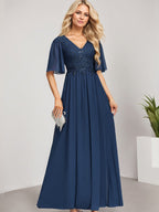 Vestido de novia de corte A, escote en V, largo hasta el suelo, de gasa de encaje con lentejuelas para la madre de la novia 