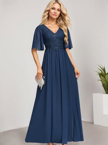 Vestido de novia de corte A, escote en V, largo hasta el suelo, de gasa de encaje con lentejuelas para la madre de la novia 