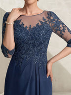 Vestido de madrina de la novia, corte asimétrico, escote ilusión, encaje y gasa, con lentejuelas y volantes en cascada.