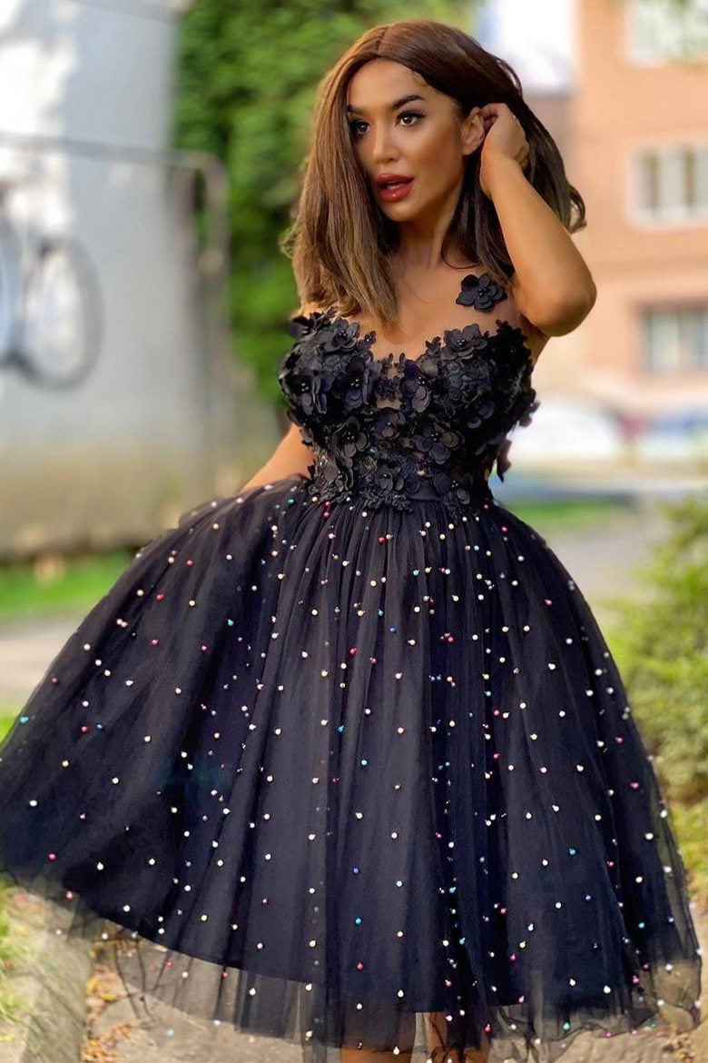Vestido de fiesta de bienvenida de corte A, de tul con cuentas y flores
