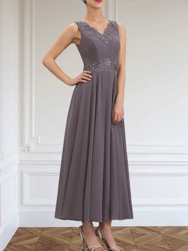 Vestido de corte A, escote en V, largo hasta el tobillo, de gasa, para la madre de la novia, con apliques de lentejuelas, encaje y pedrería.