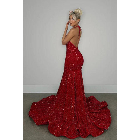 Robe de soirée longue sirène à paillettes, col en V, dos nu, avec traîne