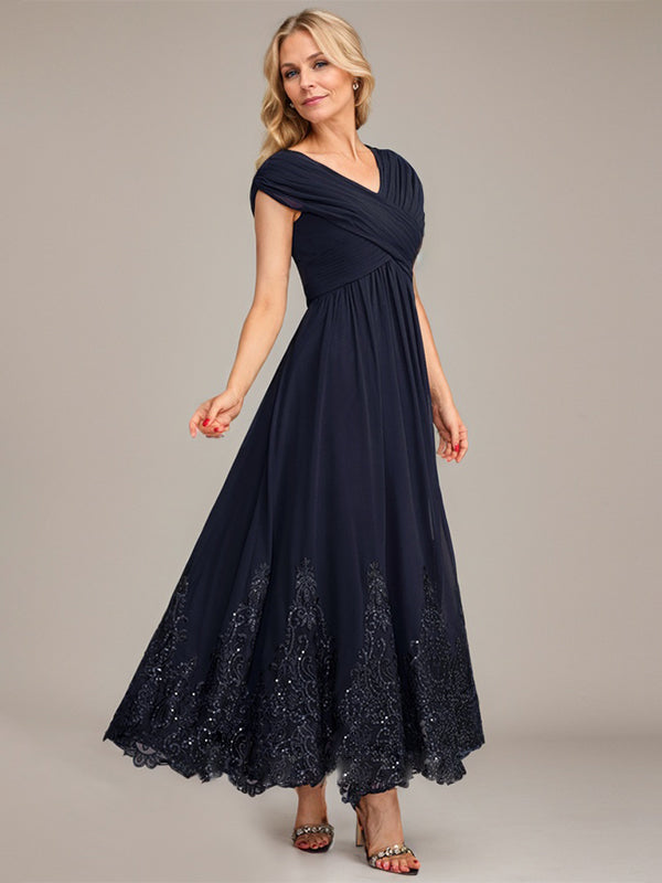 Vestido de gasa de corte evasé, escote en V, largo hasta el tobillo, para la madre de la novia, con apliques de lentejuelas. 
