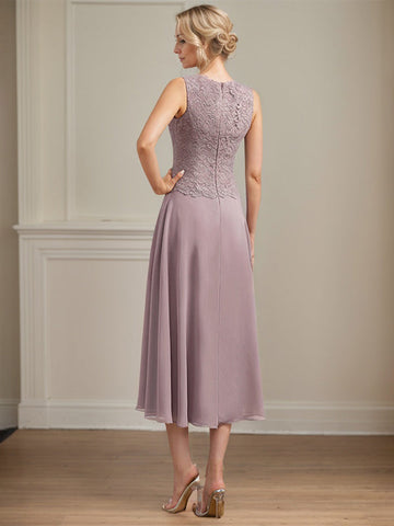 A-line Scoop Tea-Length Lace Chiffon Mother of the Bride Dress