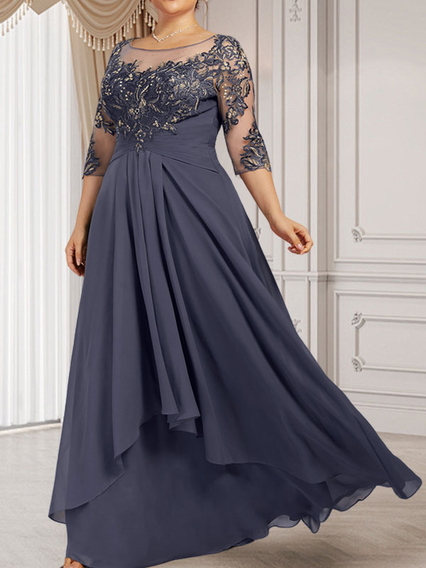 Robe de mariée en mousseline de dentelle, coupe trapèze, décolleté illusion, longueur au sol, avec volants cascade, idéale pour la mère de la mariée.