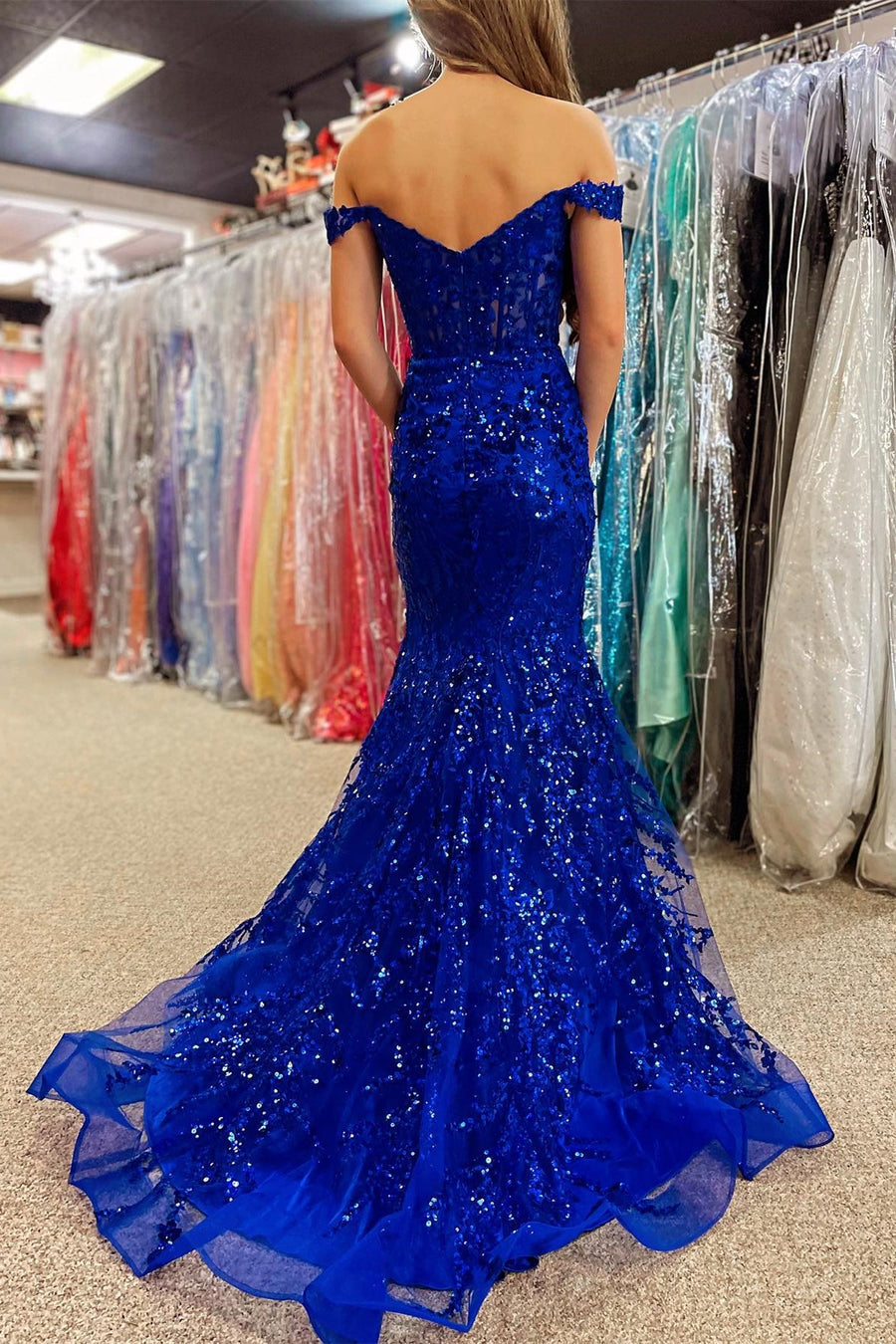 Baoleely Soleil | Gold Sequin Lace Off the Shoulder Mermaid Prom Dress