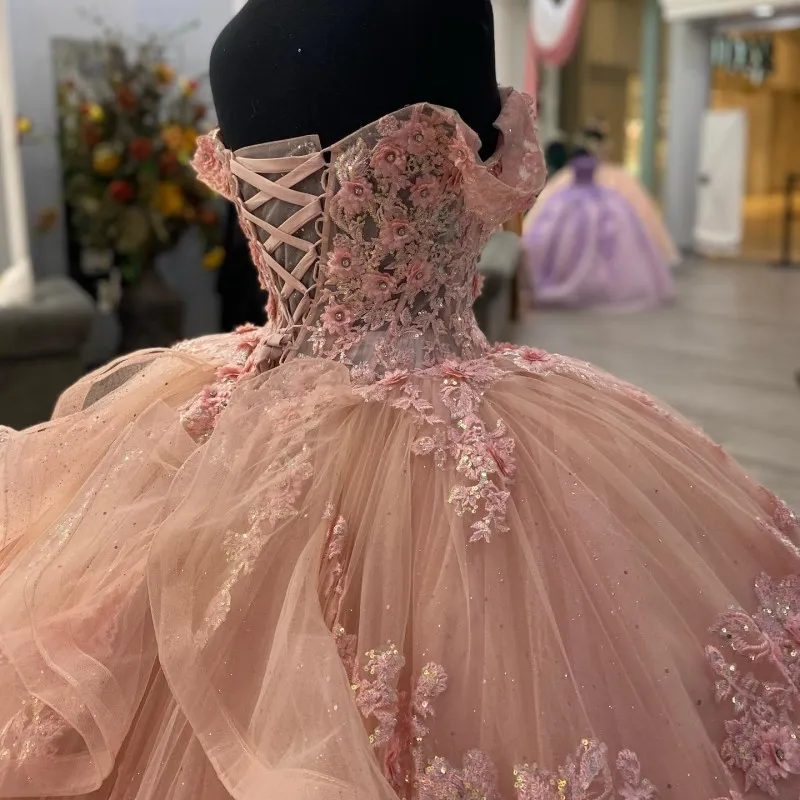 Vestido de gala con apliques rosas brillantes, vestido de princesa rosa Y2341