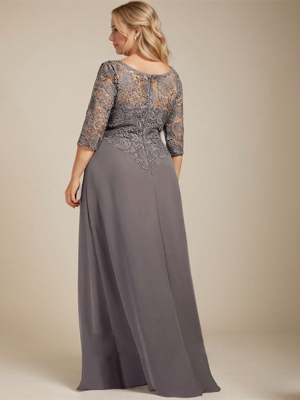 Robe de mère de la mariée en mousseline de dentelle, coupe trapèze, décolleté illusion, longueur au sol, avec volants cascade 