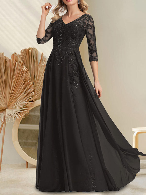 Vestido de novia de corte A, escote en V, largo hasta el suelo, de gasa de encaje con lentejuelas para la madre de la novia