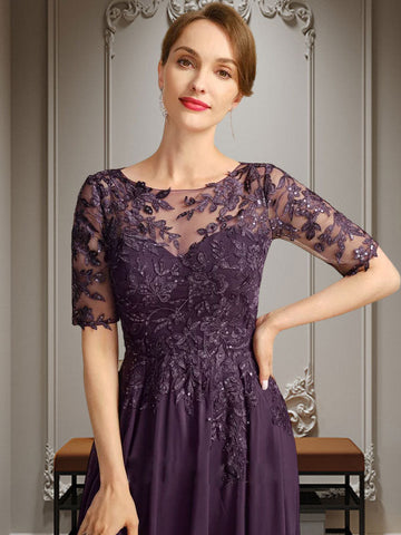 A-line Scoop Illusion Asymmetrical Chiffon Lace Mother of the Bride Dress With Sequins