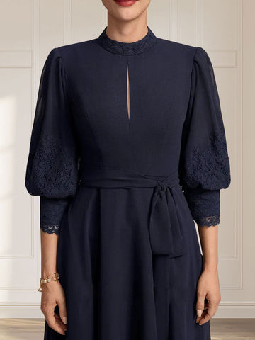 A-line High Neck Tea-Length Lace Chiffon Mother of the Bride Dress With Bow