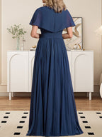 Vestido de gasa de corte A, escote en V, largo hasta el suelo, para la madre de la novia, con broche de cristal y pliegues. 