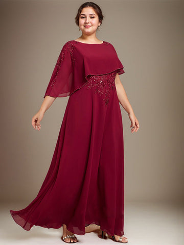 A-line Scoop Floor-Length Chiffon Lace Mother of the Bride Dress With Sequins Beading
