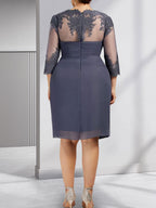 Vestido de corte recto/columna, escote corazón, largo hasta la rodilla, de gasa, con apliques de cuentas, encaje, lentejuelas y pliegues para la madre de la novia.