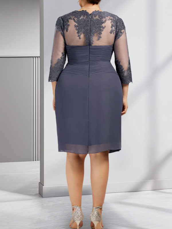 Vestido de corte recto/columna, escote corazón, largo hasta la rodilla, de gasa, con apliques de cuentas, encaje, lentejuelas y pliegues para la madre de la novia.