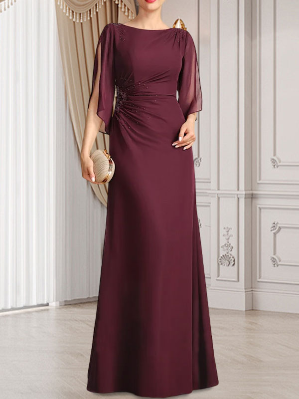 Vestido de corte recto/columna, largo hasta el suelo, de gasa, para la madre de la novia, con plisados ​​y cuentas.