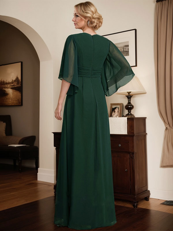 Vestido de corte recto/columna, escote en V, largo hasta el suelo, de gasa, para la madre de la novia, con lentejuelas plisadas y pedrería.