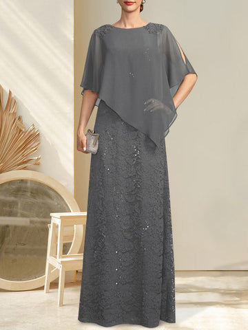 Vestido de novia de corte recto/columna, largo hasta el suelo, de gasa con encaje y lentejuelas, con escote redondo y pedrería.